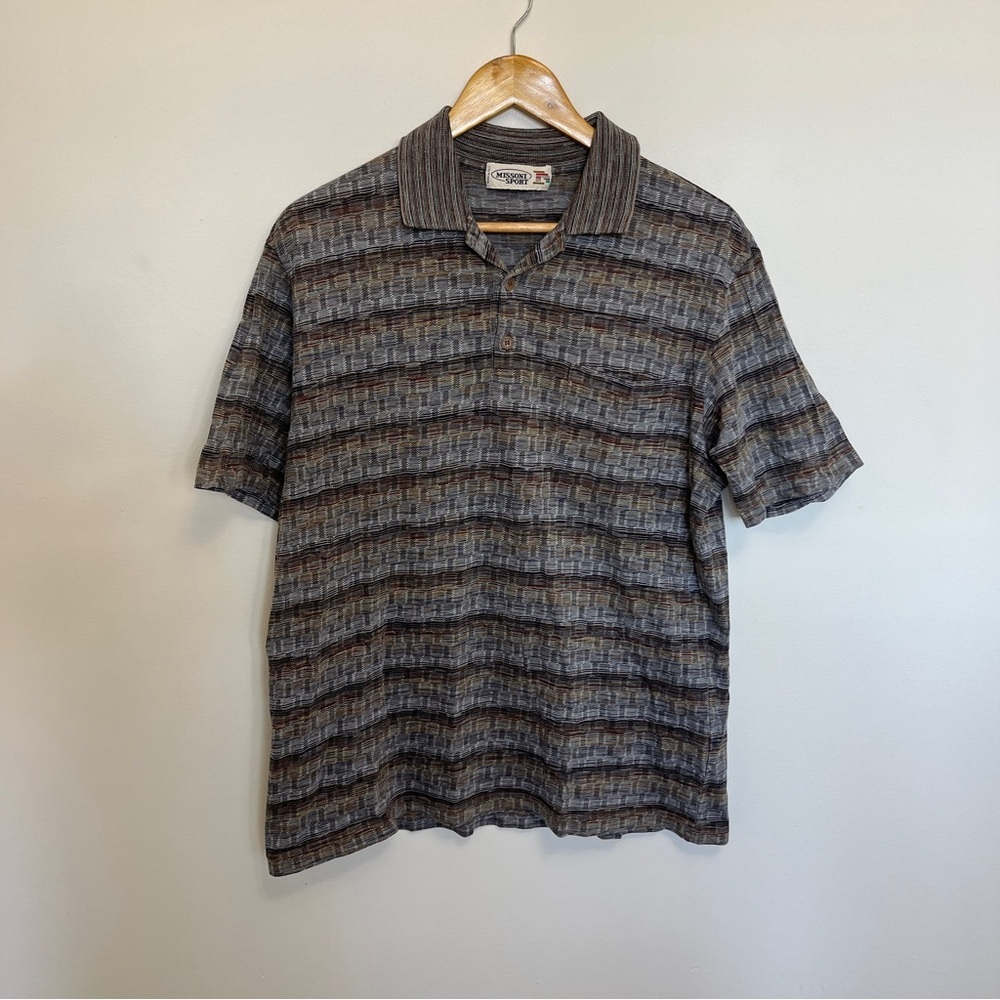 Missoni Sport Space Dye Polo Shirt Brown Gray Blue Front Pocket Size Large